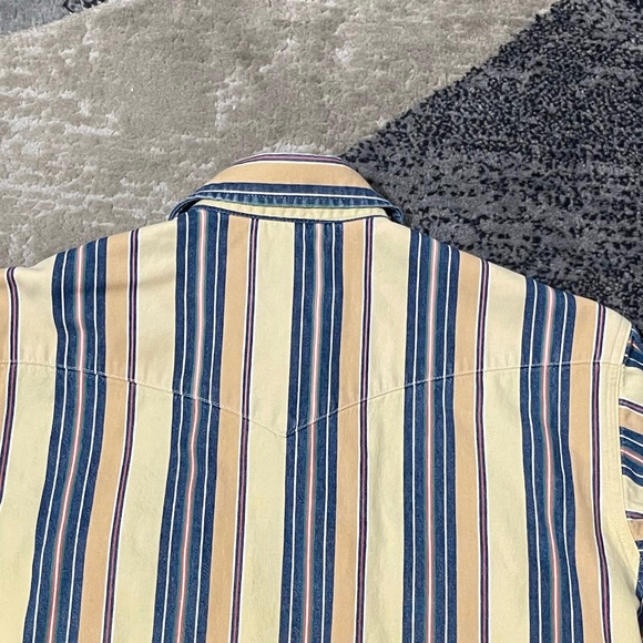 Wrangler X-Long Tail Shirt Men 16-35 Yellow Blue Striped Good Western Pearl Snap - Picture 12 of 12